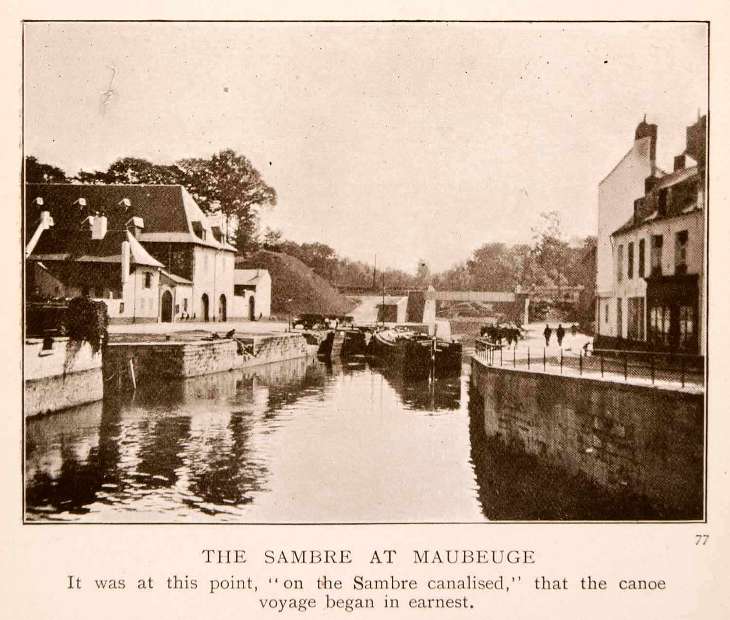1908 Halftone Print Maubeuge Sambre River Nord France Boats Walls Homes XGLA3