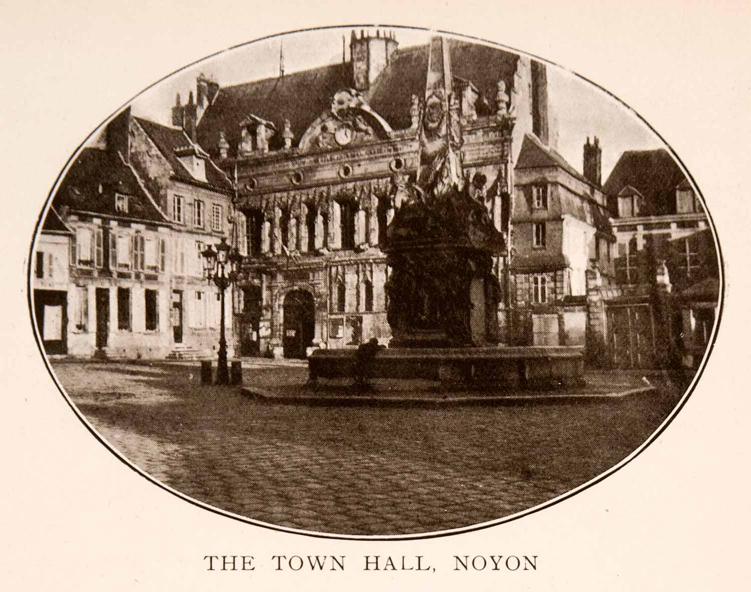 1908 Halftone Print Town Hall Noyon Oise France Fountain Plaza Hotel de XGLA3