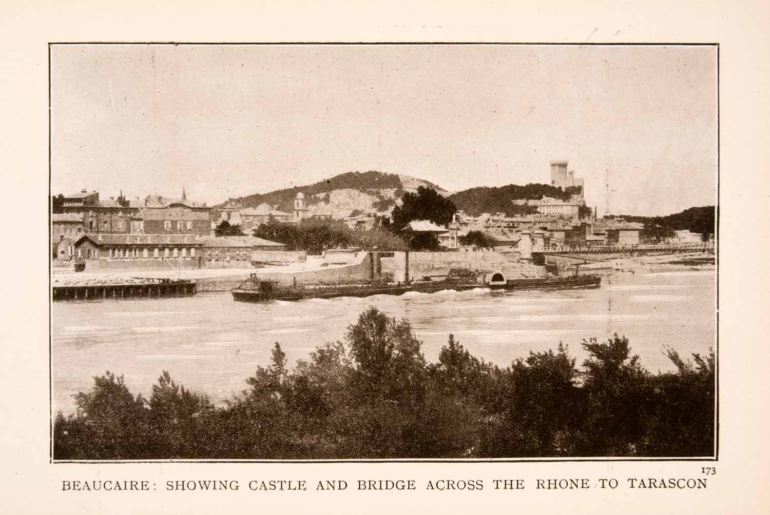 1908 Halftone Print Chateau Beaucaire Castle Bridge Barge Rhone River XGLA3