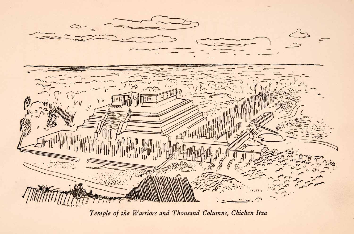 1929 Wood Engraving Temple Warriors Chichen Itza Architecture Thousand XGLA9