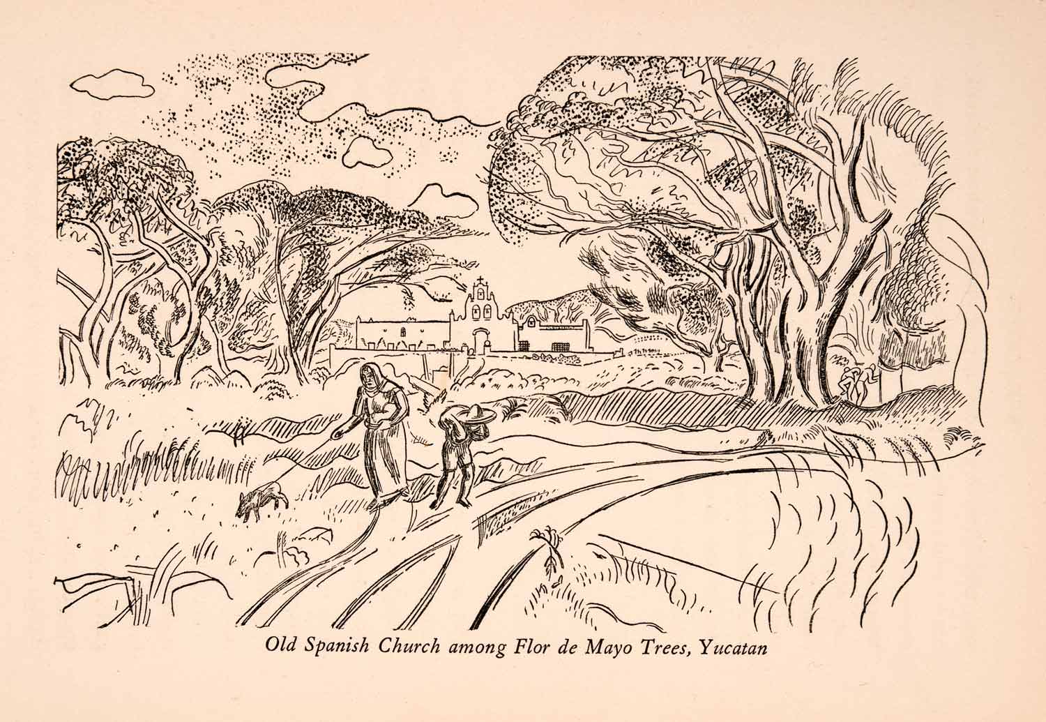 1929 Wood Engraving Spanish Church Flor de Mayo Trees Yucatan Mexico Pig XGLA9