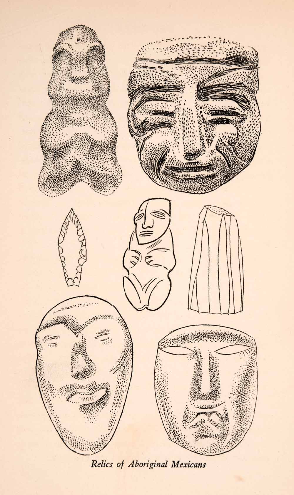 1929 Wood Engraving Mask Archeology Mexico Arrowhead Idol Aboriginal Relic XGLA9
