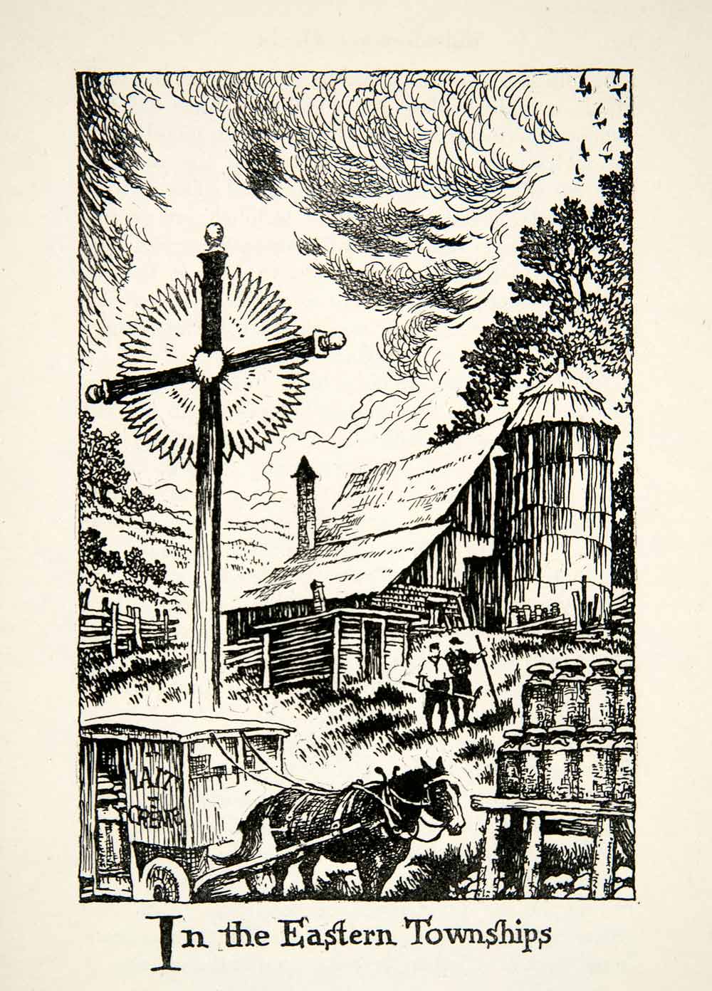 1947 Lithograph Quebec Canada Eastern Township Barn Silo Horse Milkman XGLB5