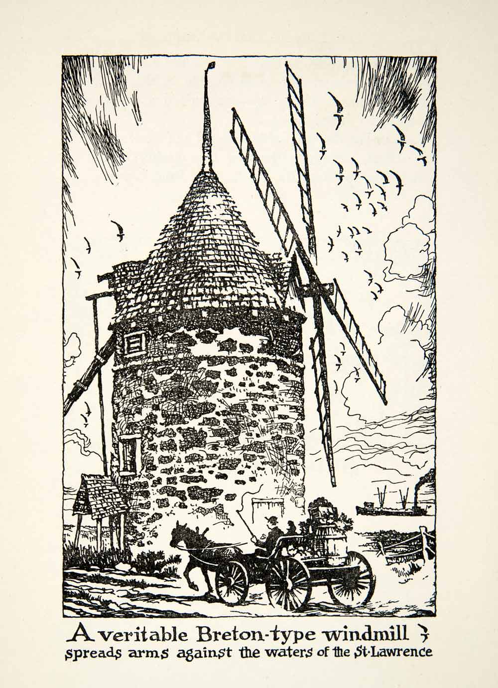 1947 Lithograph Quebec Canada Breton Windmill St. Lawrence River XGLB5