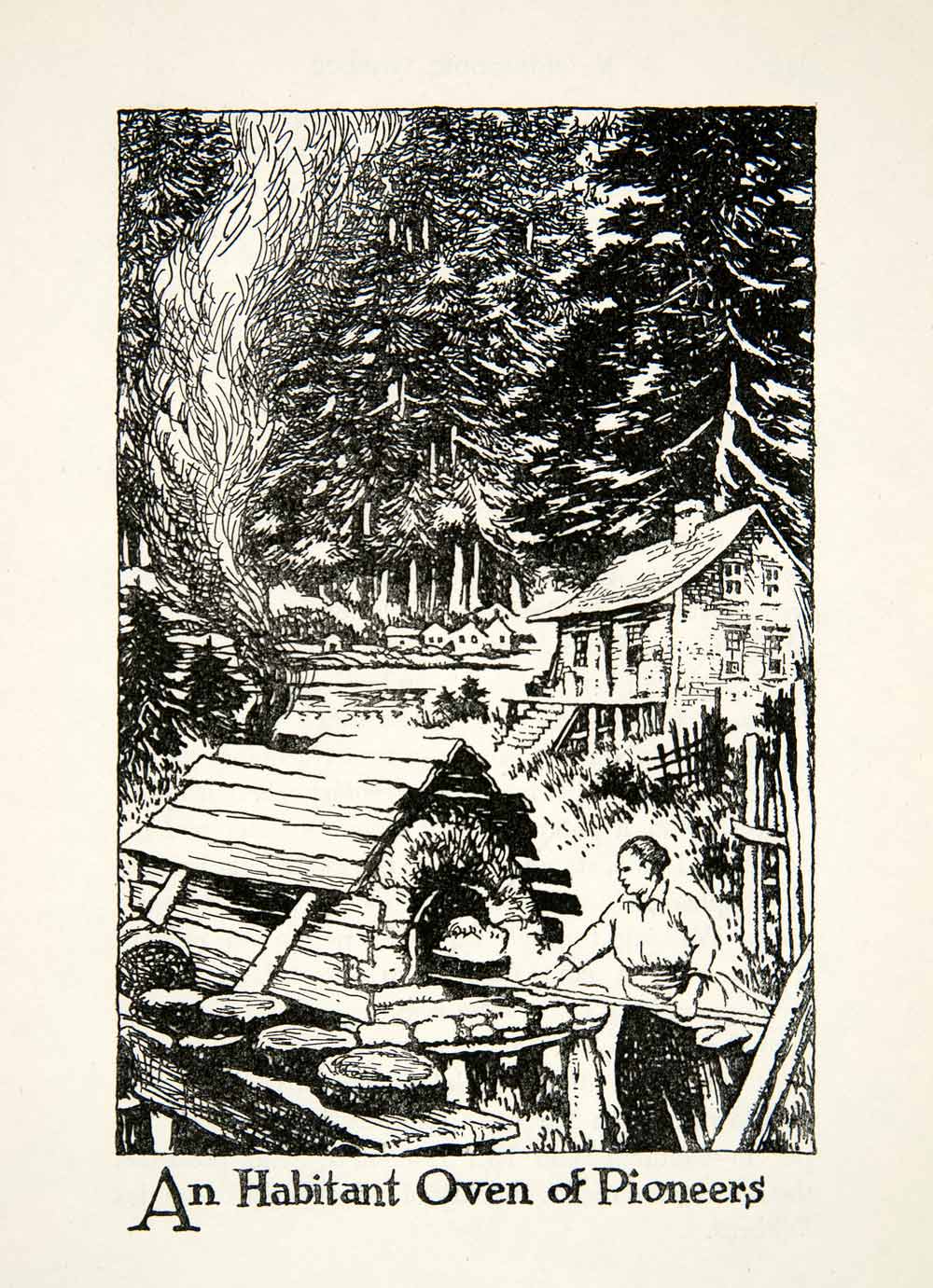 1947 Lithograph Habitant Oven Pioneer Quebec Canada Woman Cook Log Cabin XGLB5