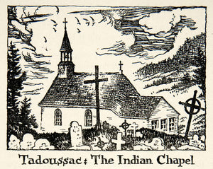 1947 Lithograph Tadoussac Quebec Canada Indian Chapel Christian Cemetery XGLB5