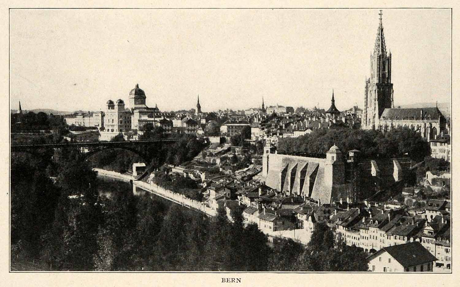 1910 Print Aare River Bern Zytglogge Munster Cathedral Switzerland XGM2