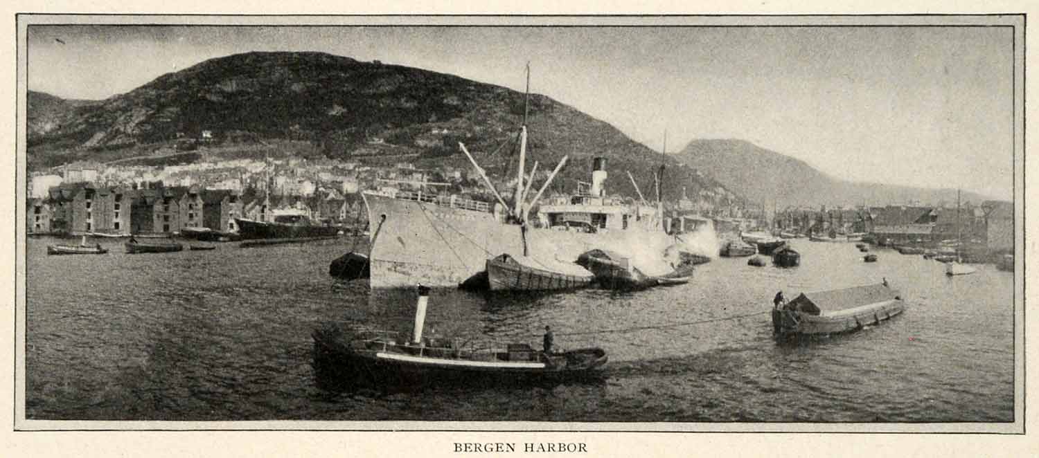 1910 Print Berg Norway Tugboat Steamboat Scandinavia Harbor Port Norwegian XGM2