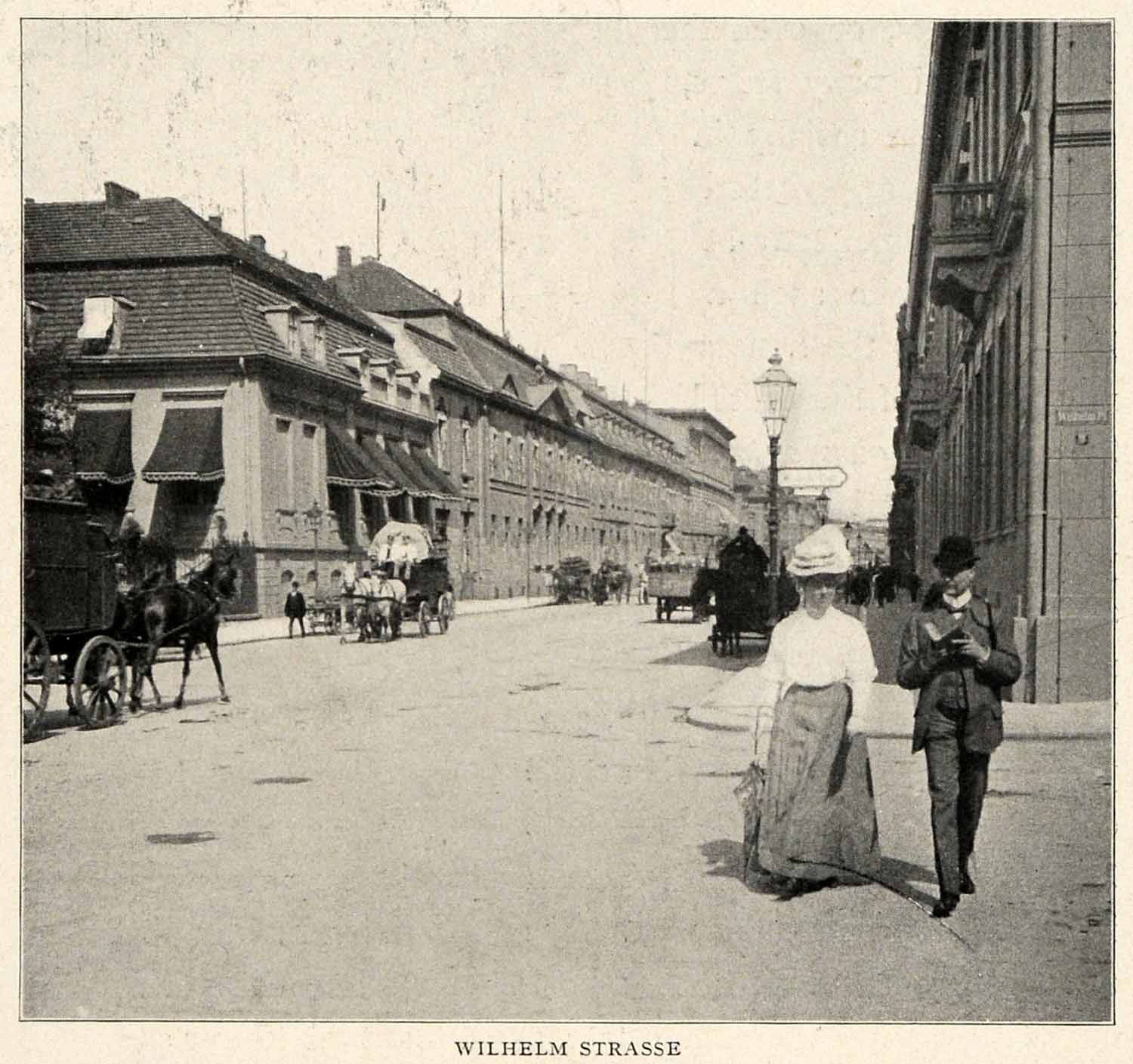 1910 Print Wilhelm Strasse Street Scene Skirt Horse Carriage Gentleman XGM2