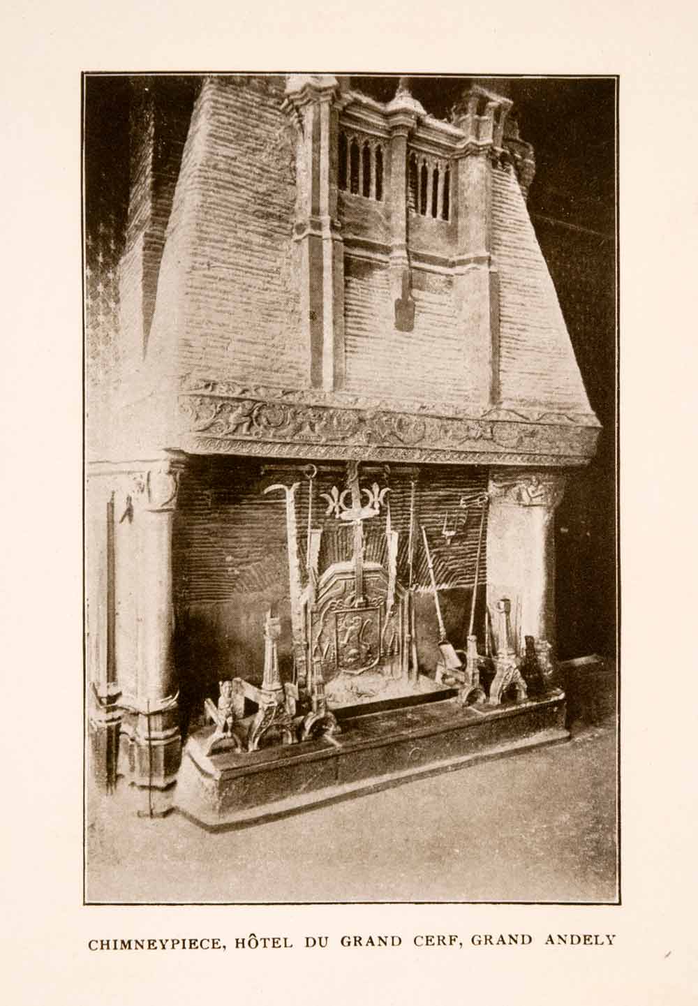 1905 Halftone Print Chimneypiece Hotel Grand Cerf Andelys France Historic Hearth