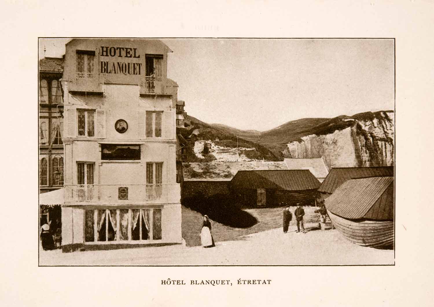 1905 Halftone Print Hotel Blanquet Etretat France Street Scene Claude Monet View