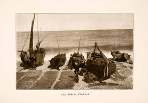 1905 Halftone Print Etretat France Boat Fishermen Coast Shore Beach Traditional