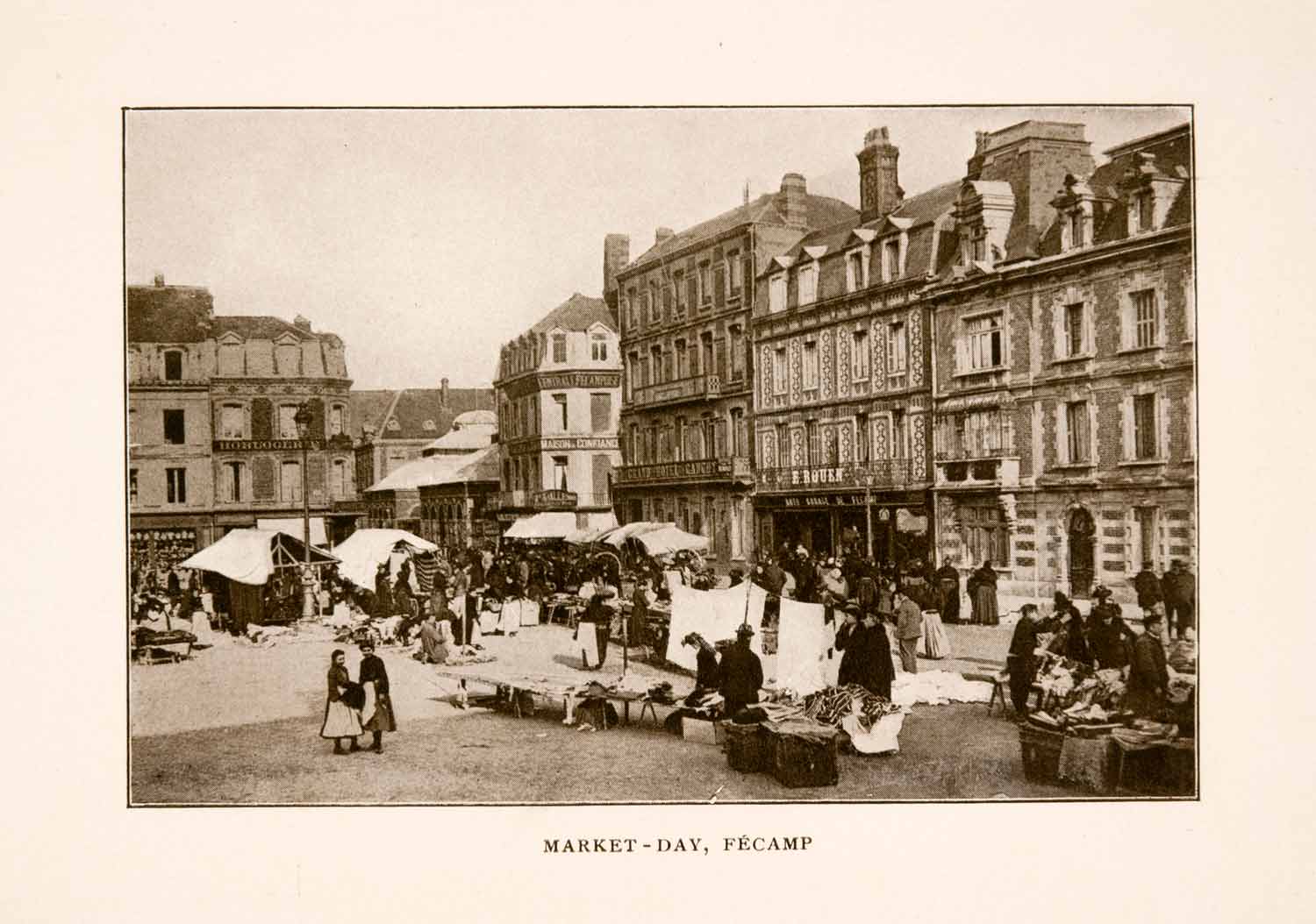 1905 Halftone Print Fecamp Market Street Scene View Rustic Traditional France
