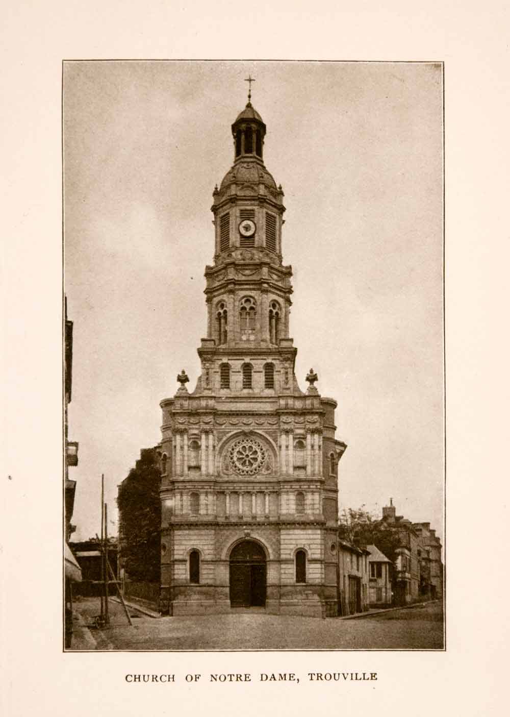 1905 Halftone Print Notre Dame Trouville Church Landmark Tower Historical Clock