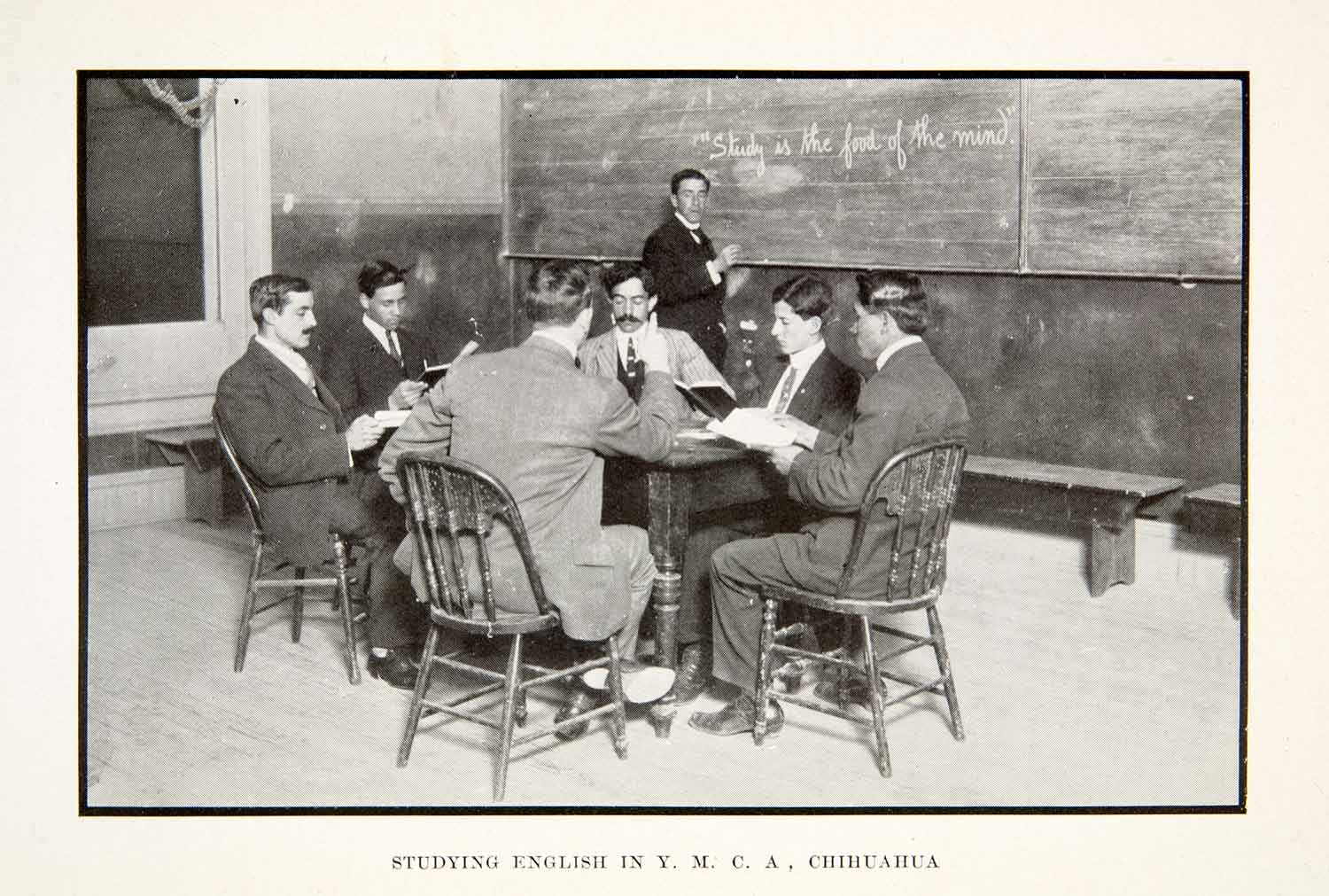 1913 Print Men Study Exam Students YMCA Chihuahua Mexico Table Chair XGMA2