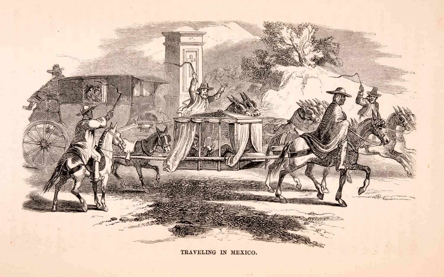 1855 Wood Engraving Mexico Litter Vehicle Stagecoach Travel Transportation XGMA5