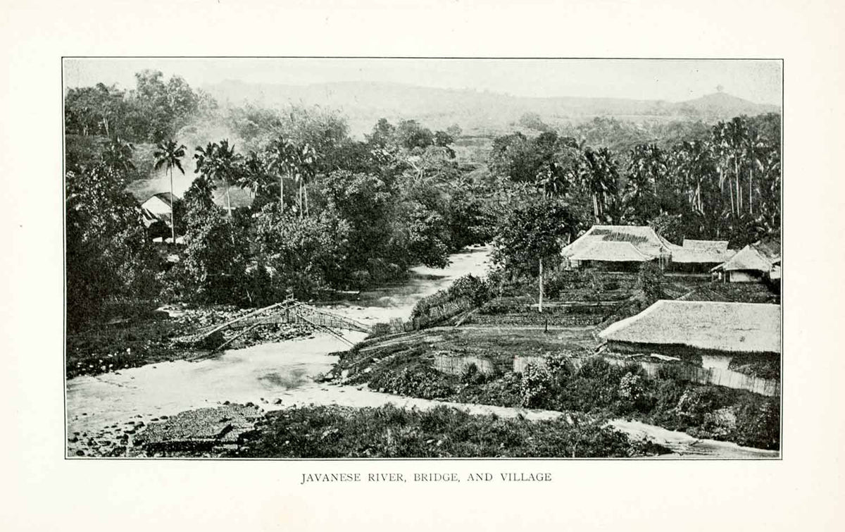 Indonesia Old Java 1902 Print Southeast Asia Java Indonesia River Bridge Village Thatched ...