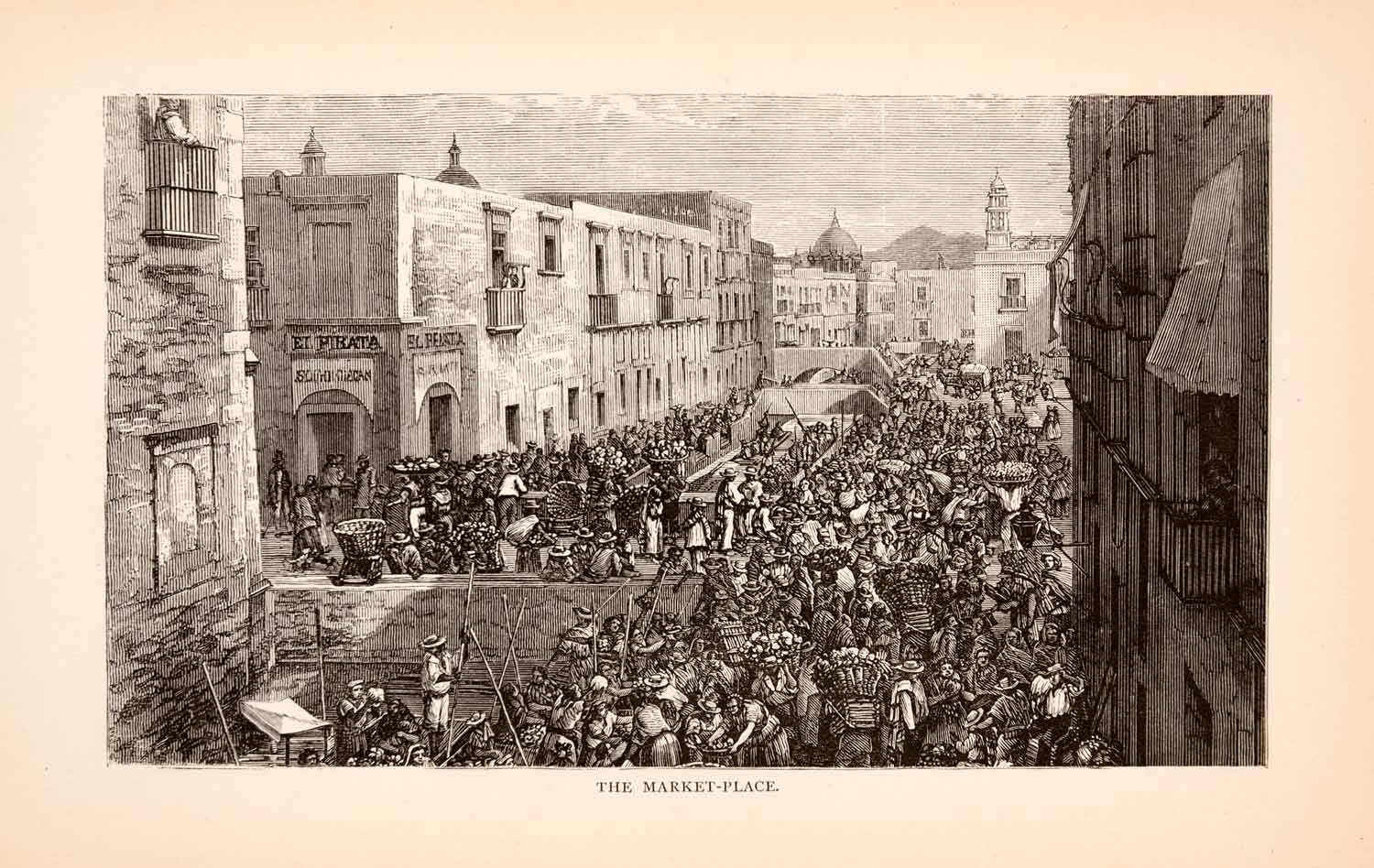1875 Woodcut Market Place Mexico City Crowd Cityscape Vegetable Stands XGMA8