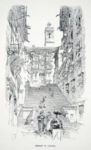 1901 Lithograph Cityscape Street Scene Steps Girona Catalonia Spain XGMB3