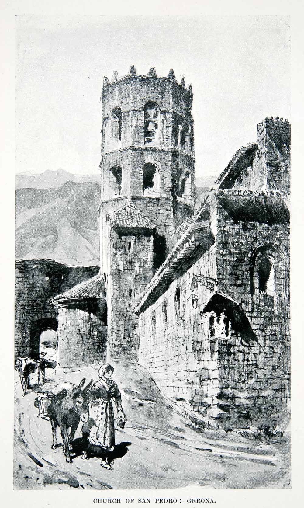 1901 Print Church Cathedral San Pedro Girona Catalonia Spain Donkey XGMB3