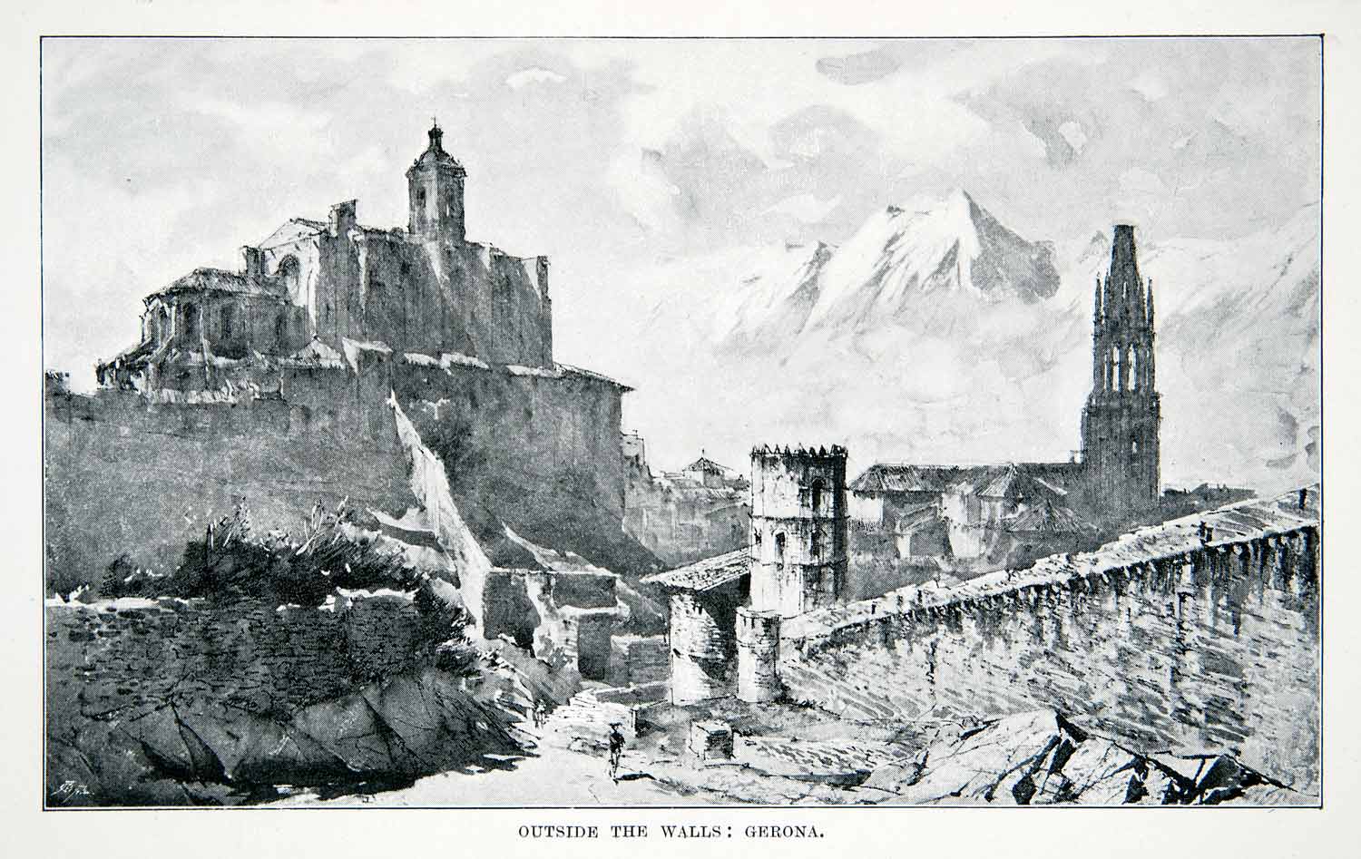 1901 Print Outer City Walls Girona Catalonia Spain Cityscape Medieval XGMB3