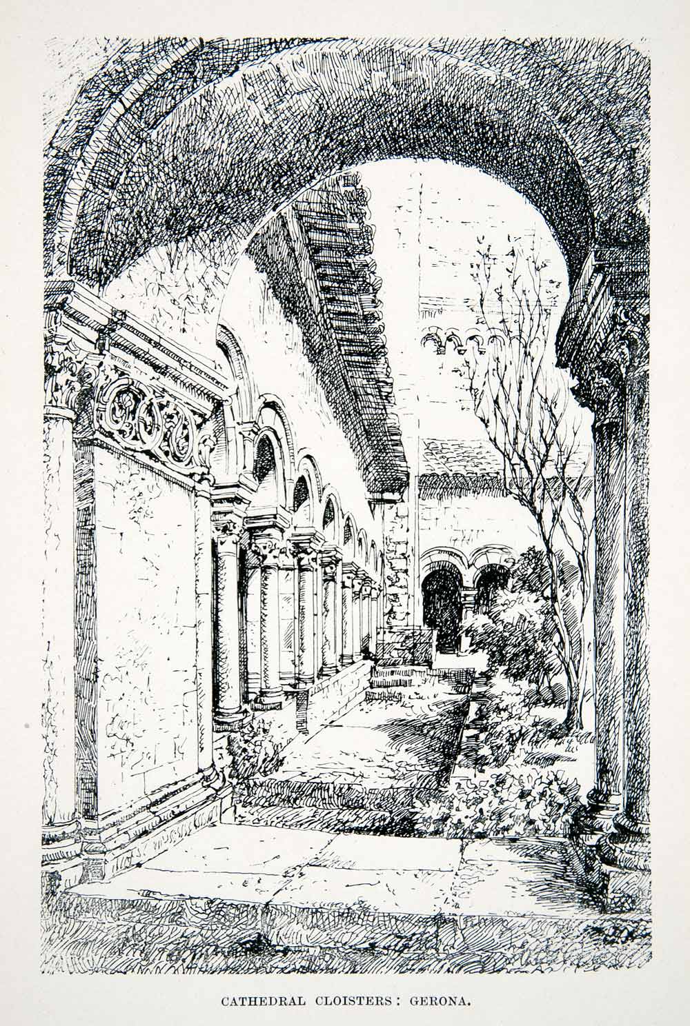 1901 Lithograph Cathedral Church Cloisters Girona Catalonia Spain Garden XGMB3