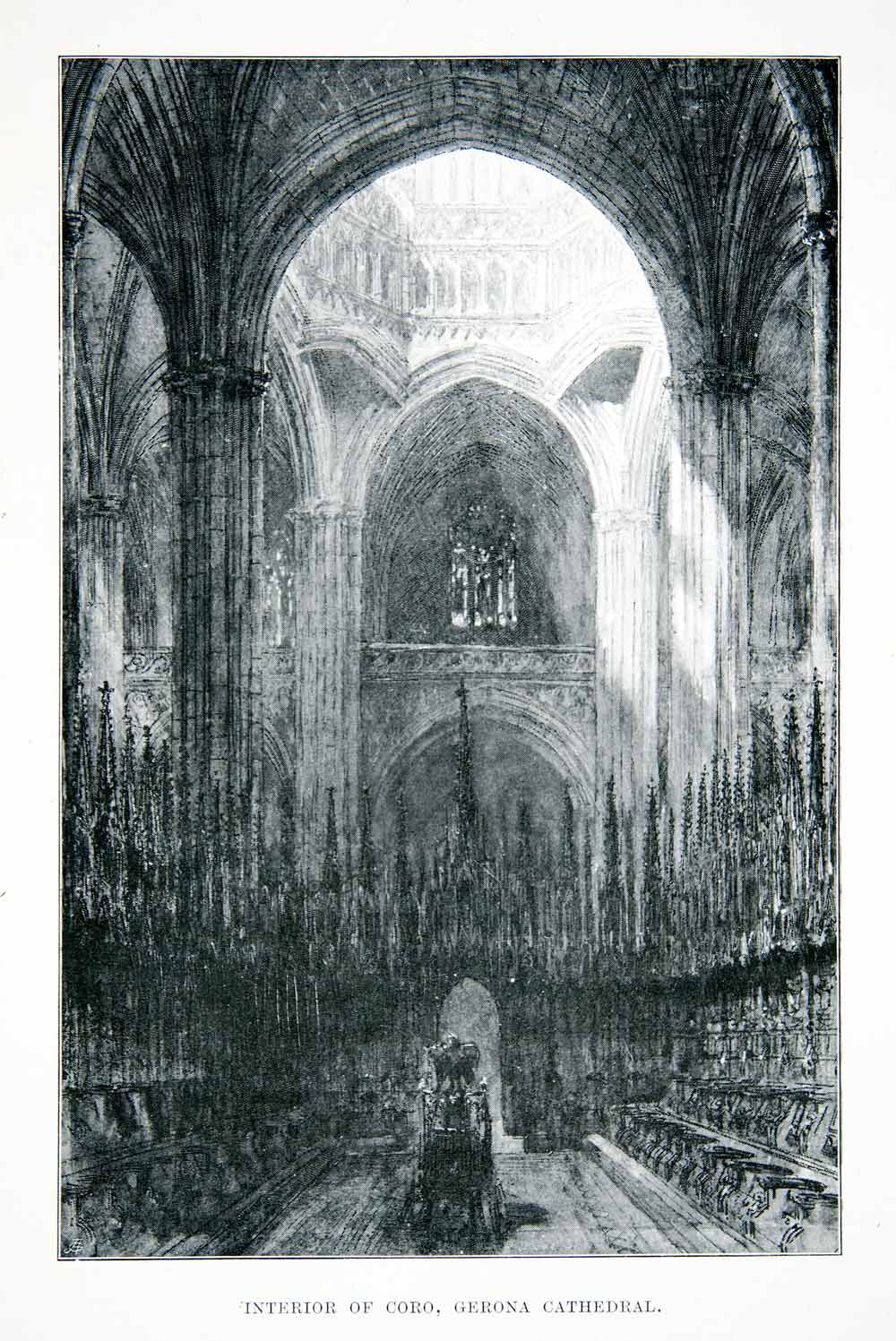 1901 Print Interior Nave Coro Girona Cathedral Catalonia Spain Church XGMB3