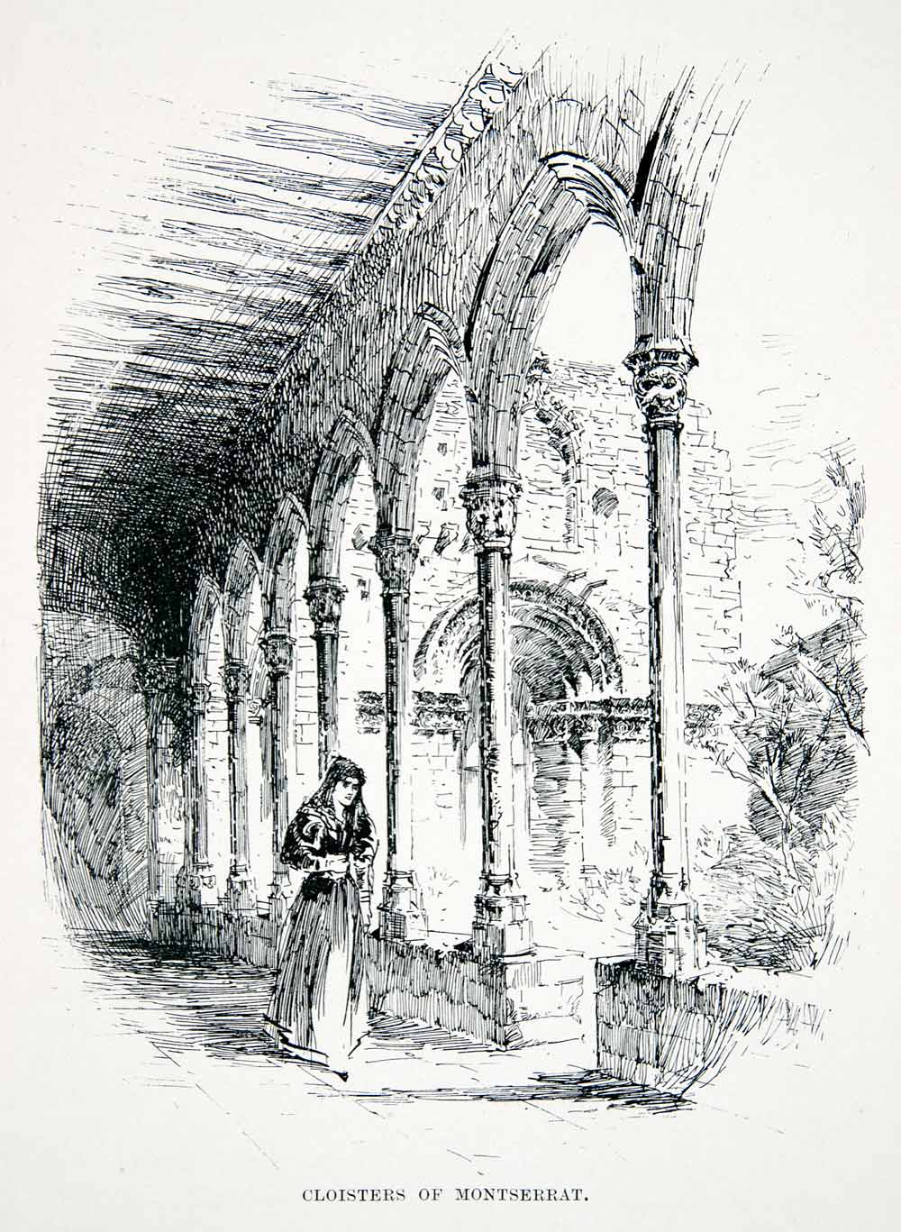 1901 Lithograph Cloisters Montserrat Patio Courtyard Woman Bages Catalonia XGMB3