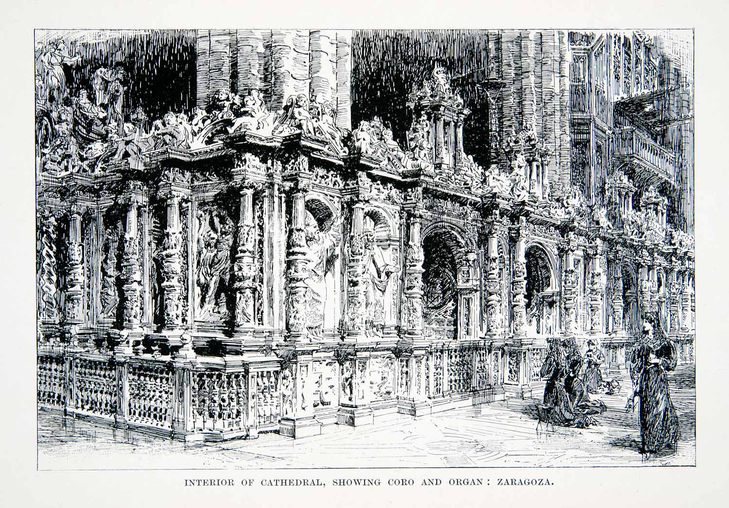 1901 Lithograph Cathedral Savior Zaragoza Spain Coro Organ Religion XGMB3