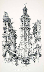 1901 Lithograph Renaissance Tower Valencia Spain Cityscape Church Street XGMB3