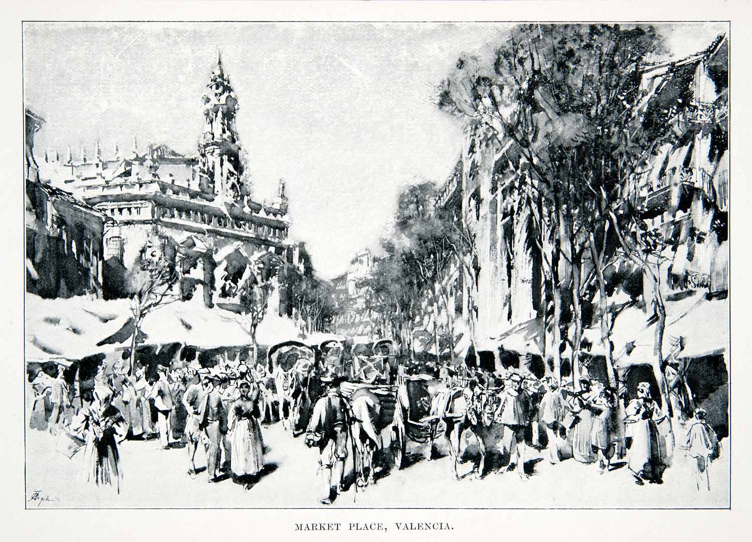 1901 Print Market Place Valencia Spain Crowd Street Scene Cityscape Church XGMB3