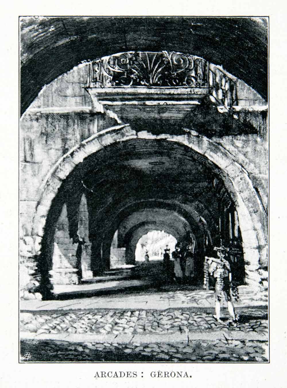 1901 Print Arcades Girona Catalonia Spain Historic Gate Tunnel Cityscape XGMB3