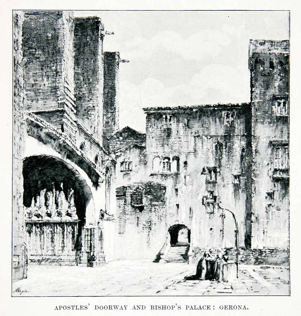 1901 Print Apostle Doorway Bishop Palace Girona Spain Cathedral Courtyard XGMB3