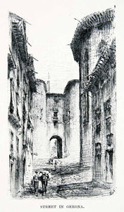 1901 Print Cityscape Street Scene Road Man Donkey Gate Girona Catalonia XGMB3