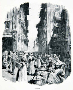 1901 Print Cityscape Market Place Street Scene Women Costume Dress Lerida XGMB3