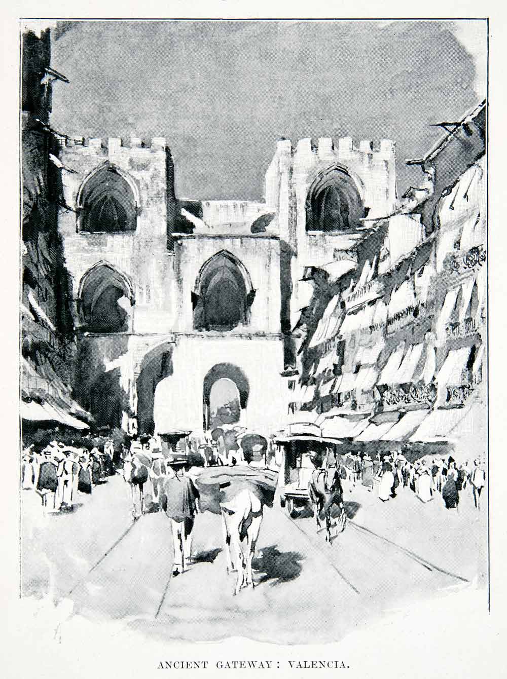 1901 Print Ancient Gateway Valencia Spain Historic Cityscape Street Scene XGMB3