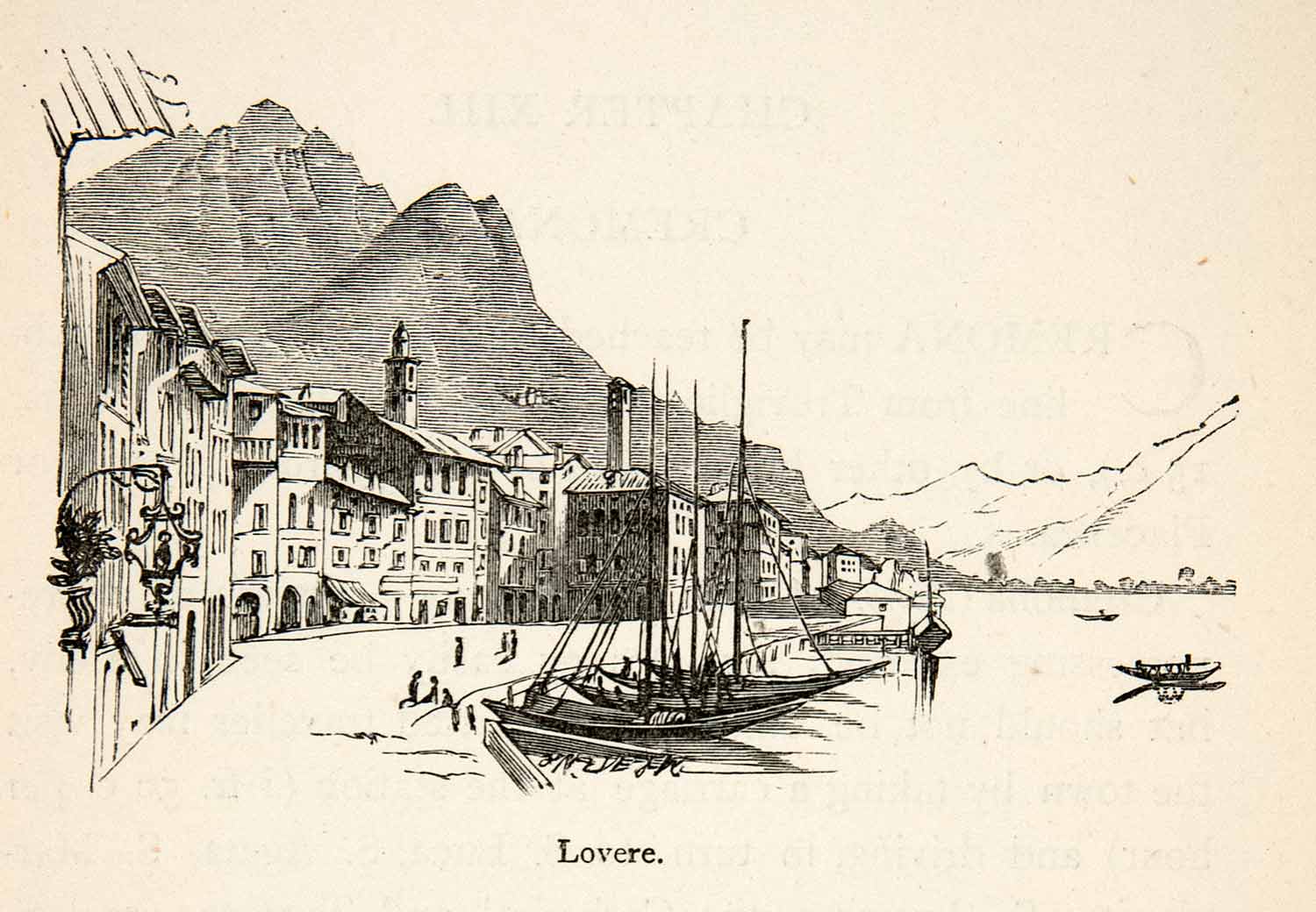 1876 Wood Engraving Lovere Italy Italian Harbor Coast Mountainous XGMB6