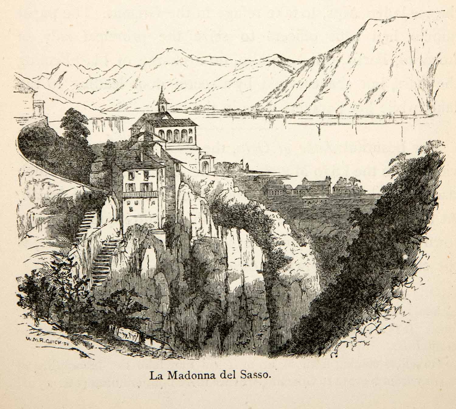 1876 Wood Engraving La Madonna del Sasso Cityscape Switzerland Locarno XGMB6
