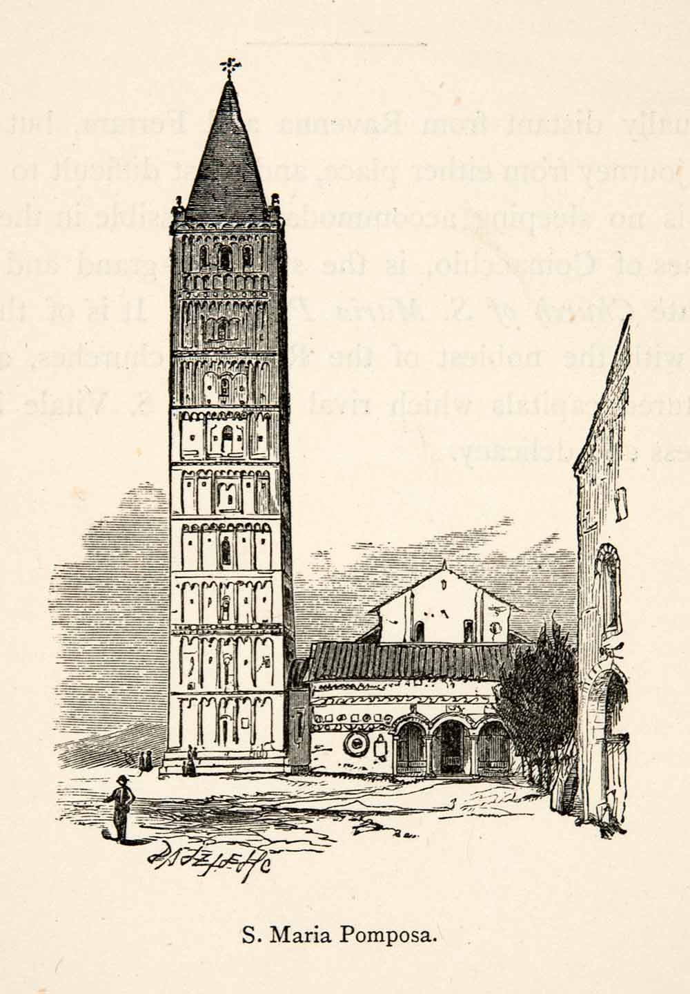 1876 Wood Engraving Saint Maria Pomposa Benedictine Monastery Ferrara XGMB6