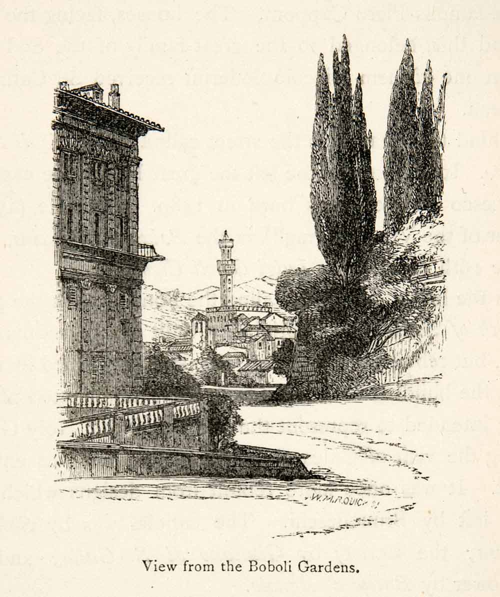 1876 Wood Engraving Boboli Gardens Florence Italy Italia Tower Pitti XGMB6