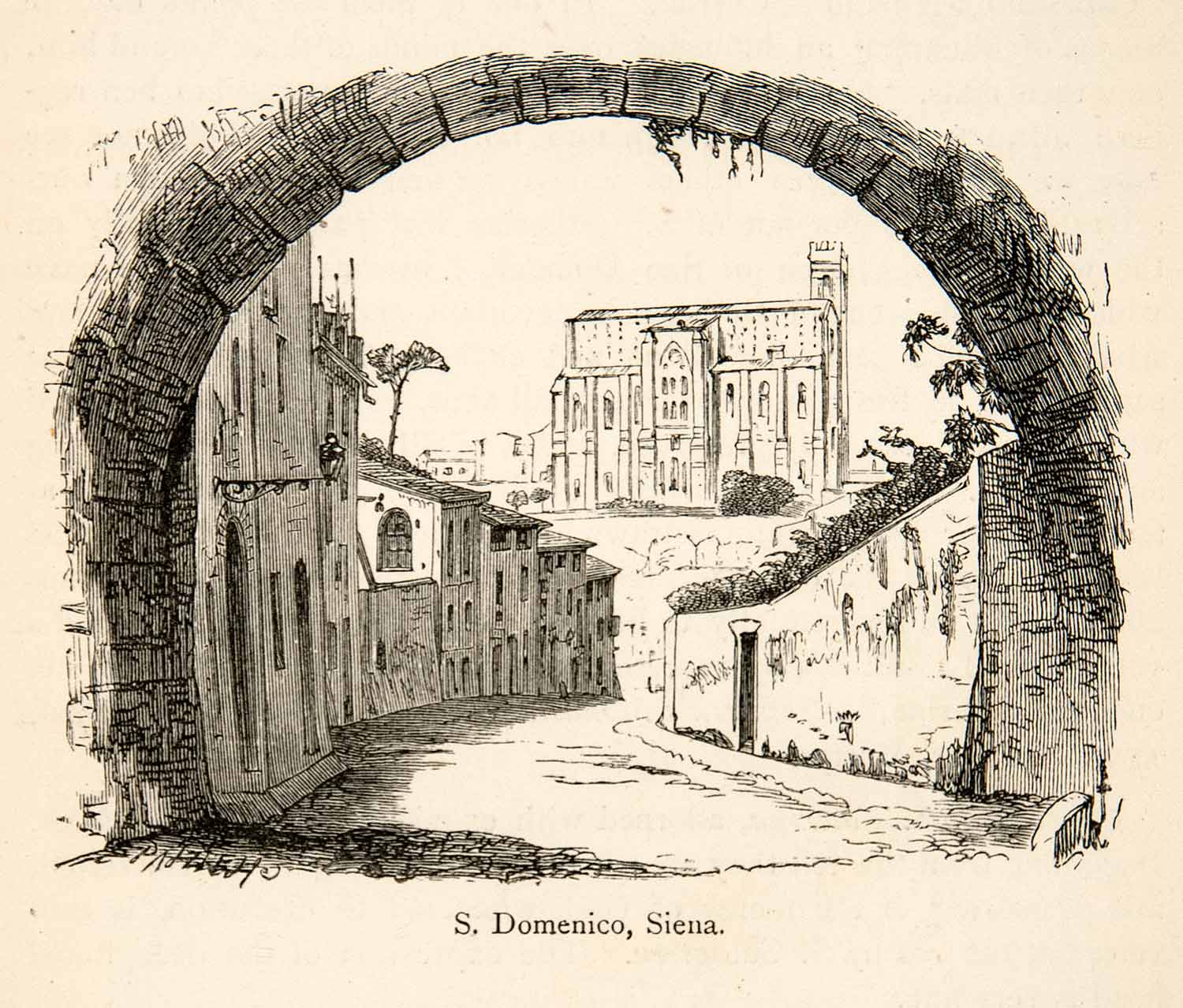 1876 Wood Engraving Saint Domenico Siena Italy Italia Cityscape Basilica XGMB6