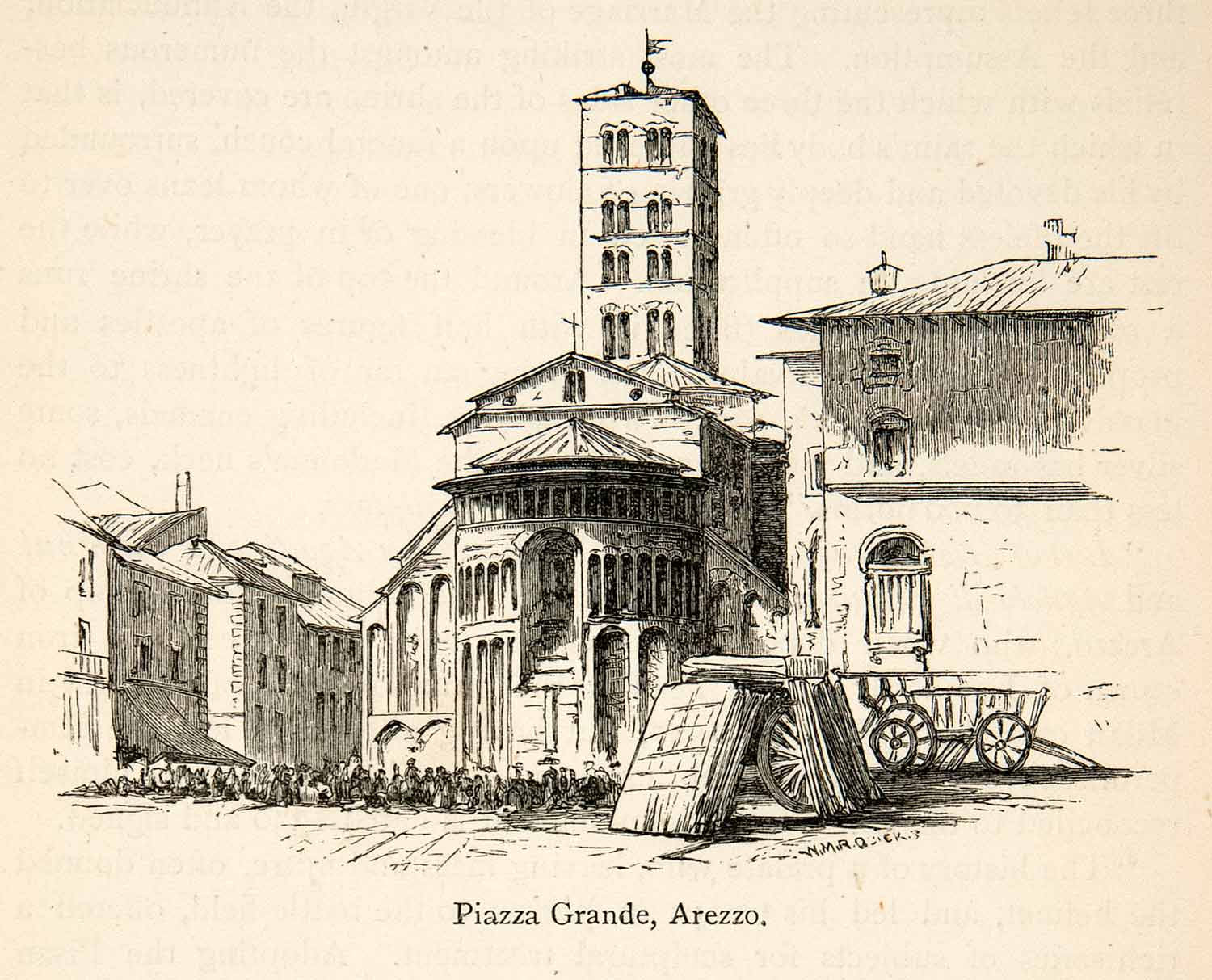 1876 Wood Engraving Piazza Grande Arezzo Tuscany Italian Italy Cityscape XGMB6
