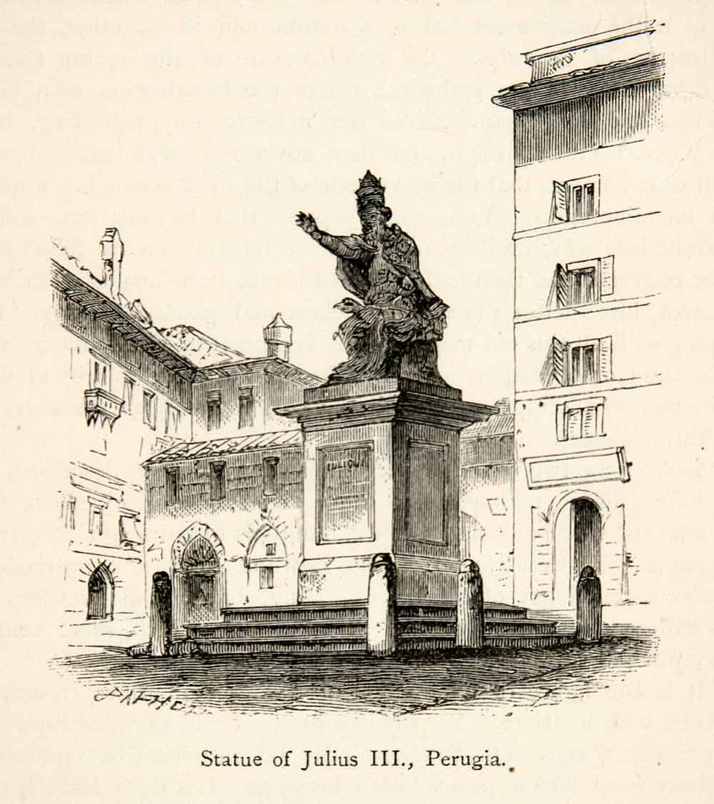 1876 Wood Engraving Statue Julius III Perugia Italy Sculpture Pope XGMB6