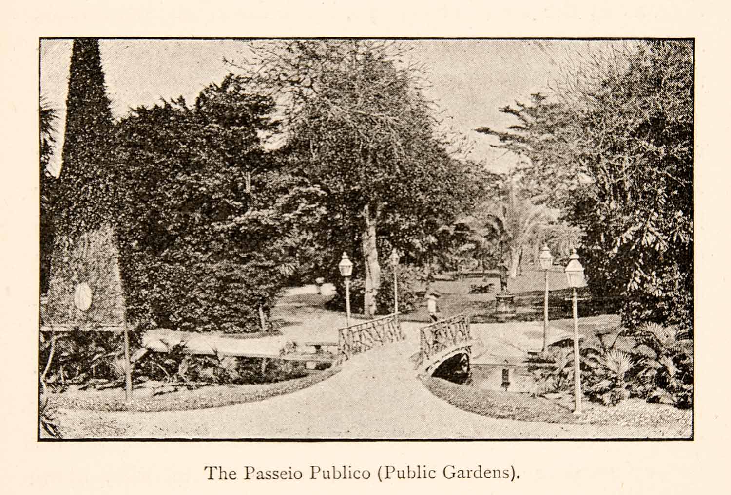 1886 Print Public Gardens Passeio Publico Brazil Park Bridge Historic XGMC6