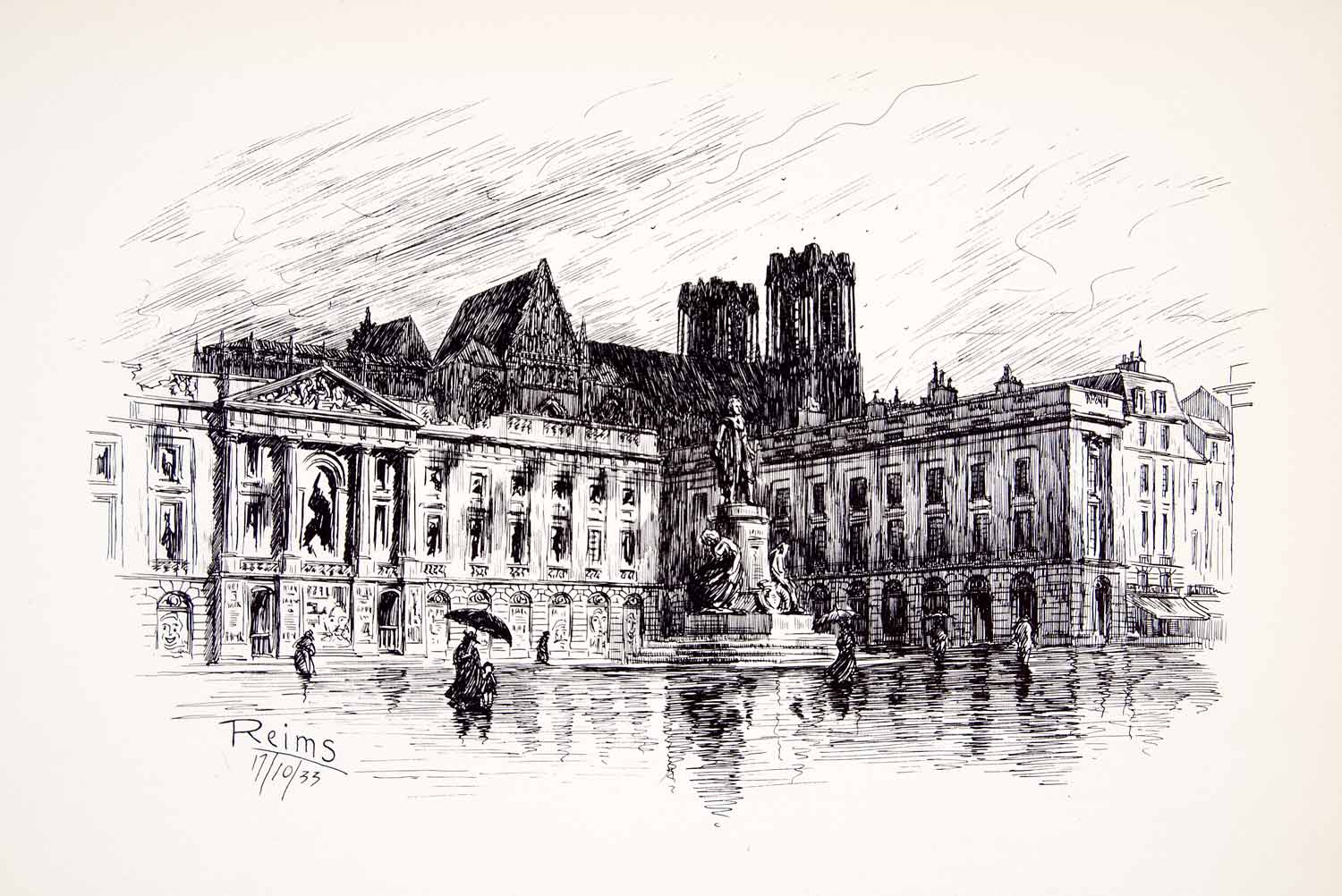 1941 Photogravure Place Royal Louis Statue Reims France Square Cathedral XGMC8