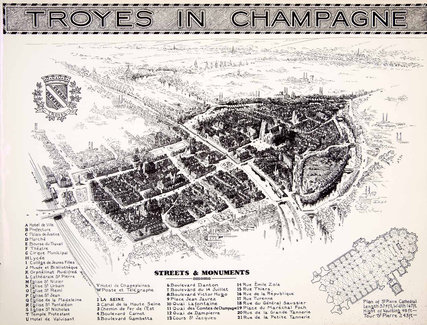 1941 Photogravure Map Geyer Toyes Champagne France Seine River Cathedral XGMC8