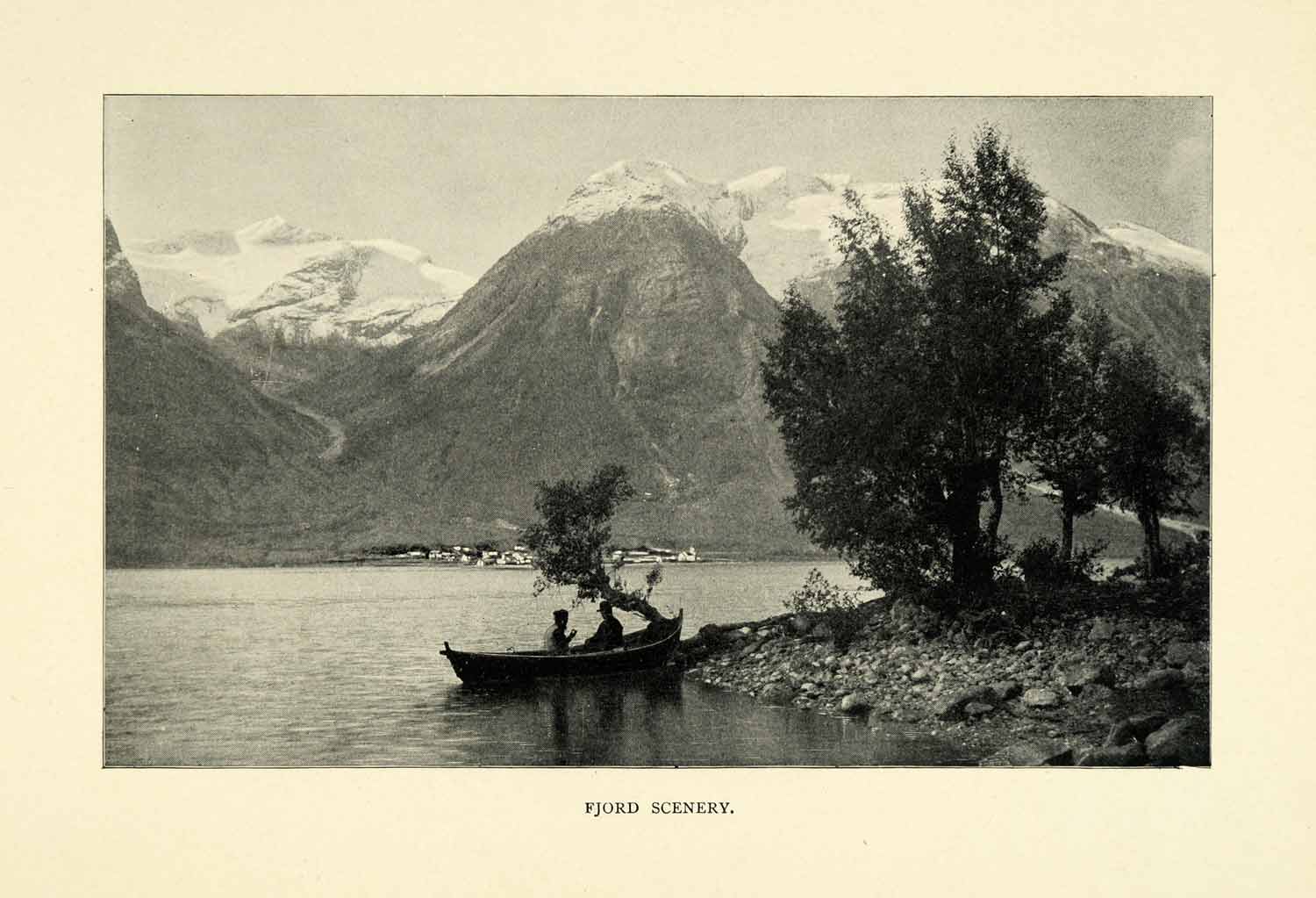 1901 Print Fjord Scenery Fiord Mountains Trees Rocks Rowboat Fishermen XGN3