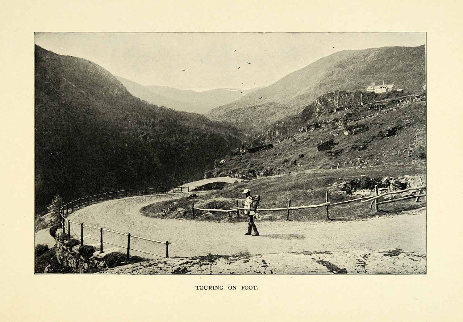 1901 Print Touring Walking Foot Road Mountains Trees Fince Rocks Travel XGN3