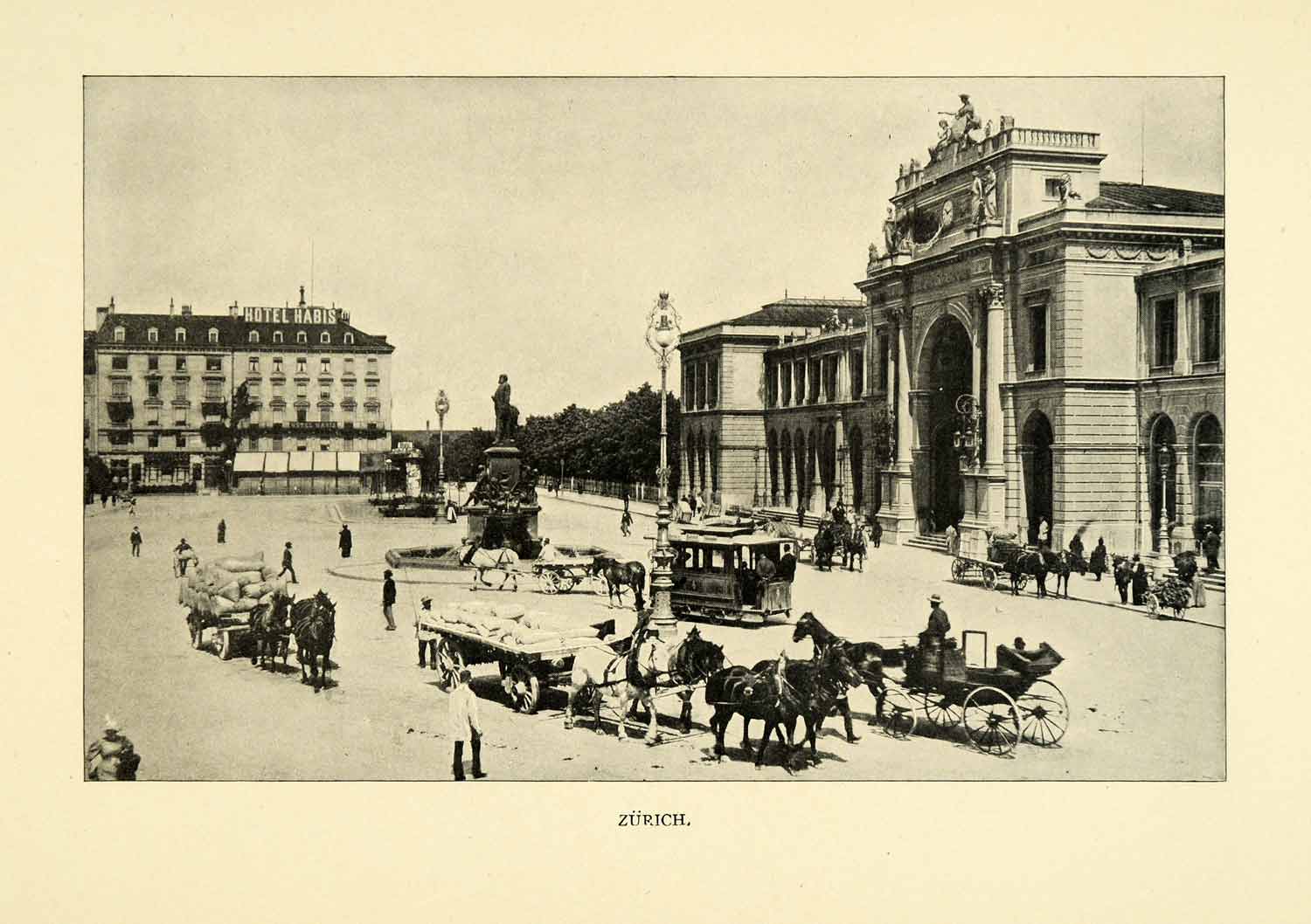 1901 Print Zurich City Switzerland Architecture Horses Carriages Downtown XGN3