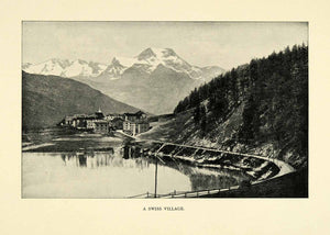 1901 Print Swiss Village Mountains Trees Lake Roadway Buildings Scenery XGN3